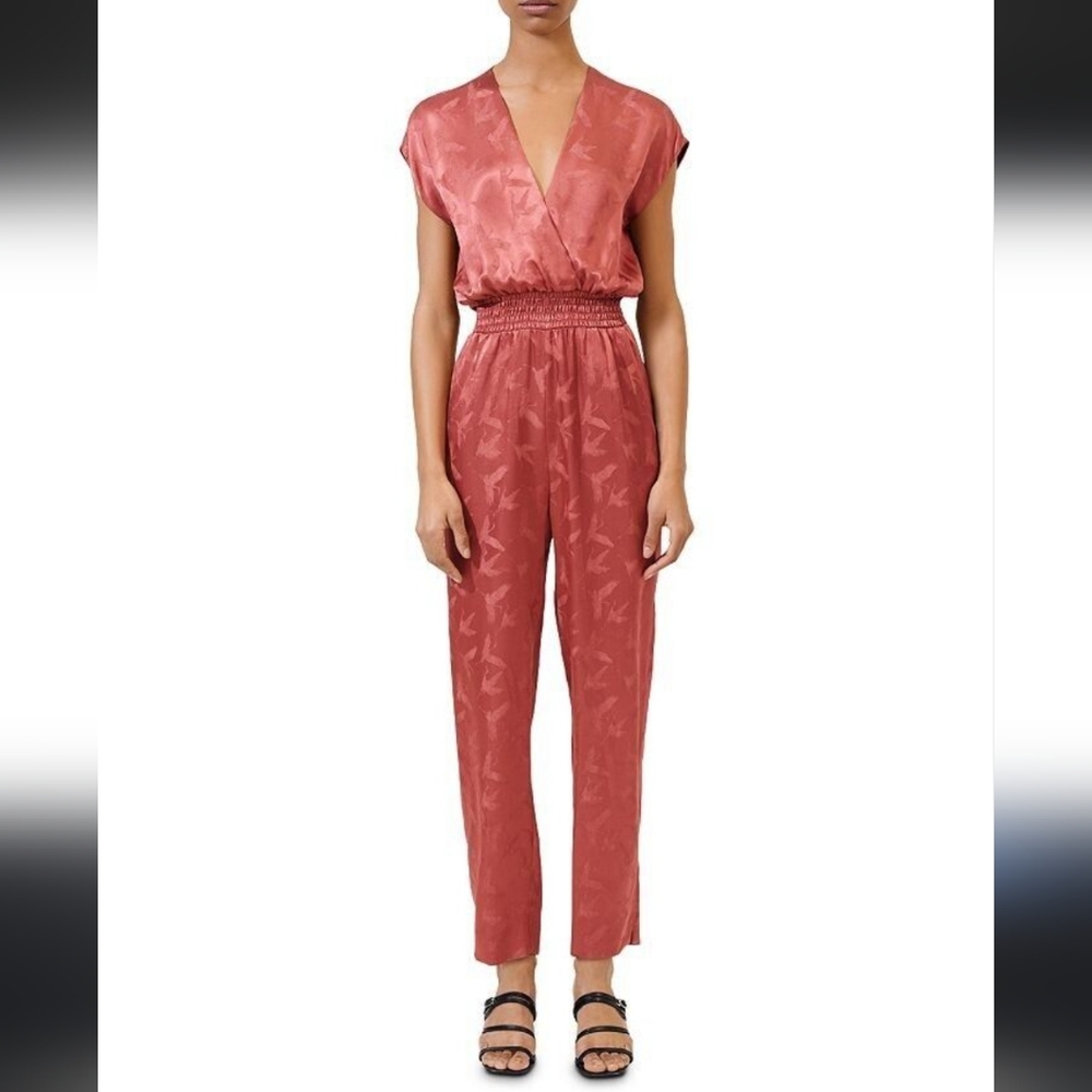 NWT Maje Pink Jumpsuit with Elegant V-Neckline and Floral Print